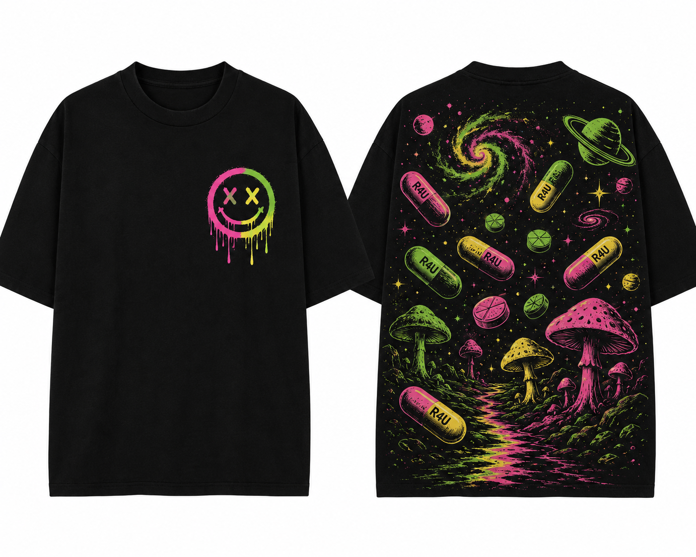 RAVE4U OVERDOZER tee — front and back